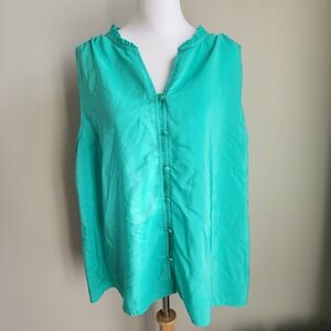 VTG TOMMY HILFIGER Kelly Green Blouse Womens XXL Sleeveless Teal‎ Chiffon Ruffle